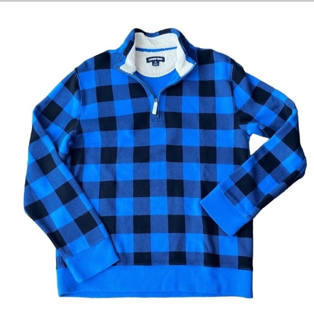 Lands End Quarter Zip Pullover Sherpa Buffalo Check Plaid Blue Medium Bedford XL